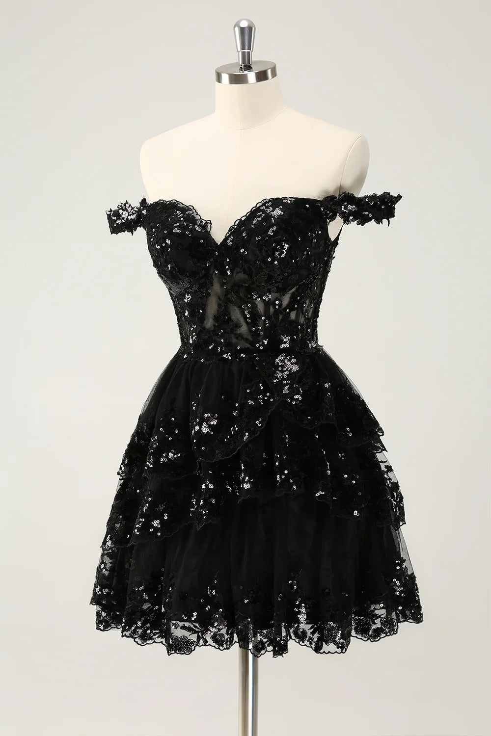 Sparkly Black A Line Off The Shoulder Corset Tiered Short Homecoming Dress