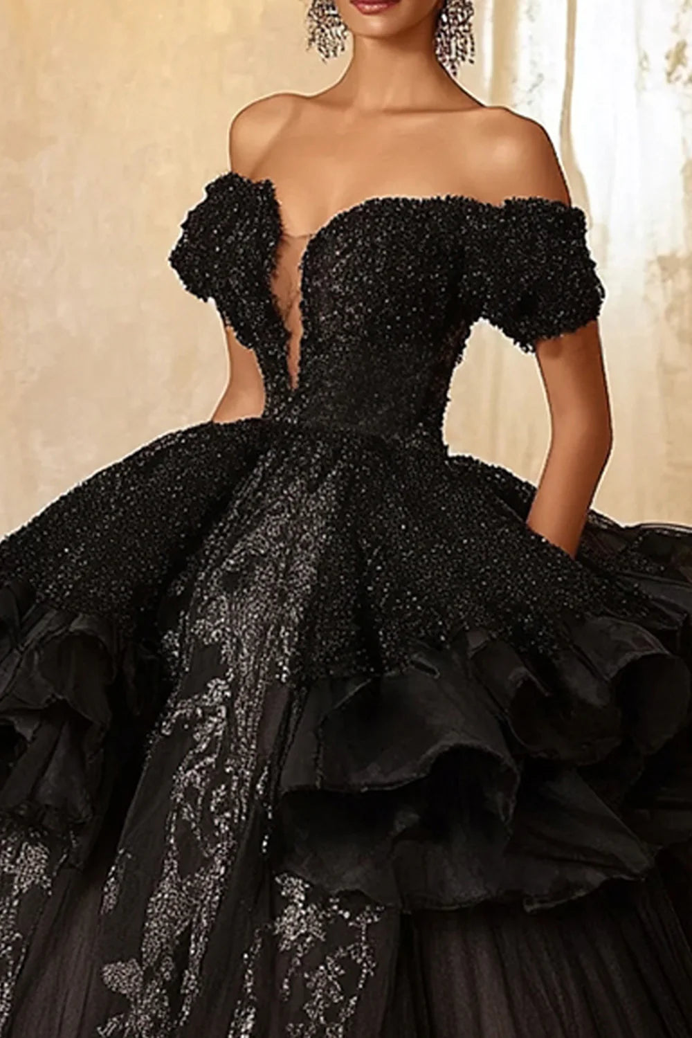 Sparkly Black Ball Gown Princess Long Ruffled Quinceanera Dress with Lace
