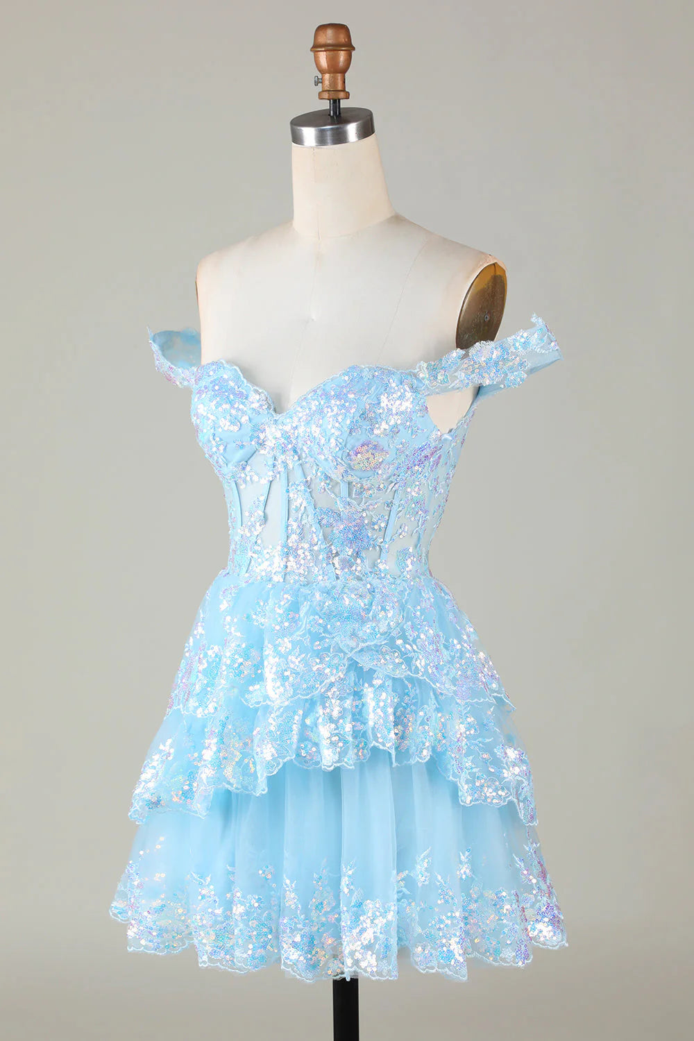 Sparkly Blue  Corset Tiered Lace A-Line Short Homecoming Dress