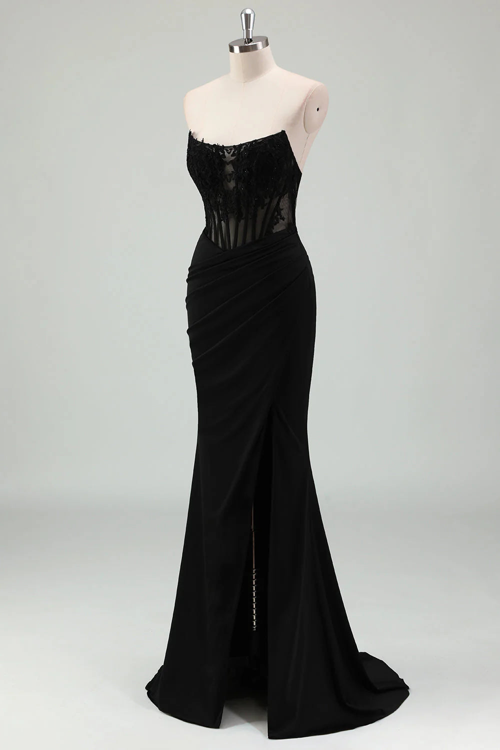 Sparkly Black Mermaid Corset Strapless Pleated Long Prom Dress with Slit