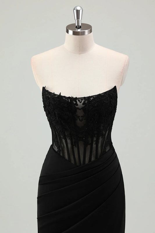 Sparkly Black Mermaid Corset Strapless Pleated Long Prom Dress with Slit