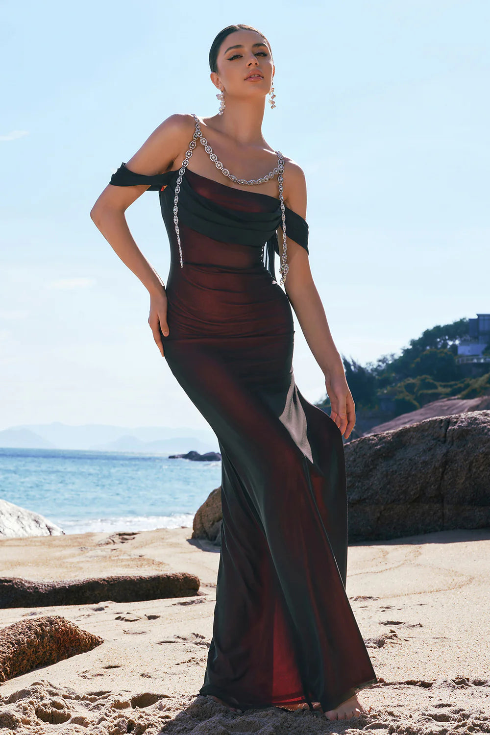 Sparkly Black Red Mermaid Cold Shoulder Beaded Prom Dress with Slit