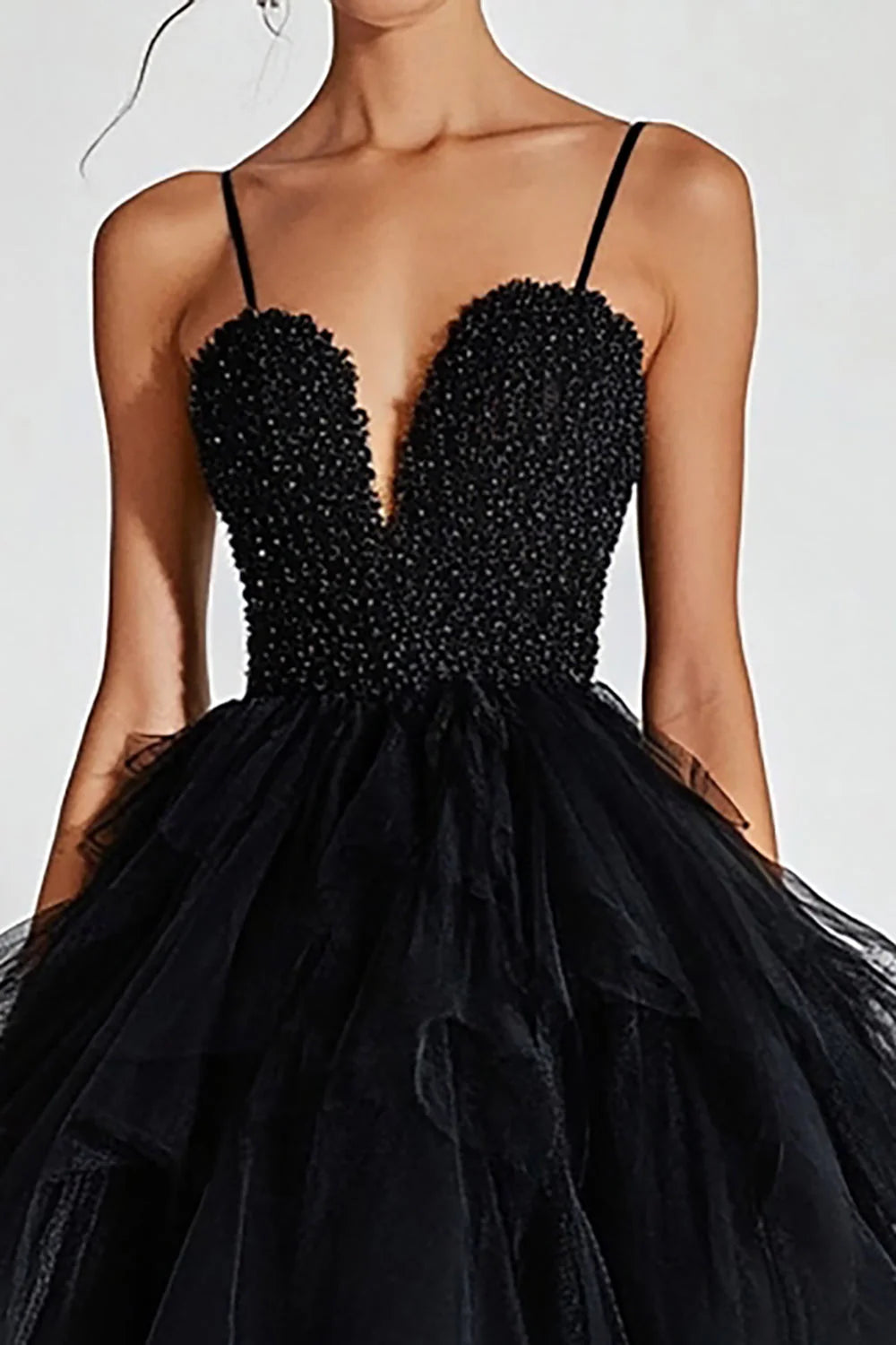 Sparkly Black Spaghetti Straps Tulle Ball Gown Long Prom Dress with Ruffles