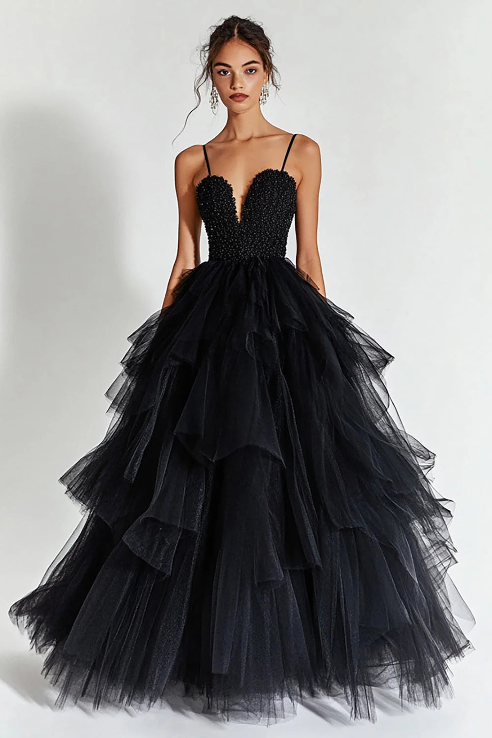 Sparkly Black Spaghetti Straps Tulle Ball Gown Long Prom Dress with Ruffles