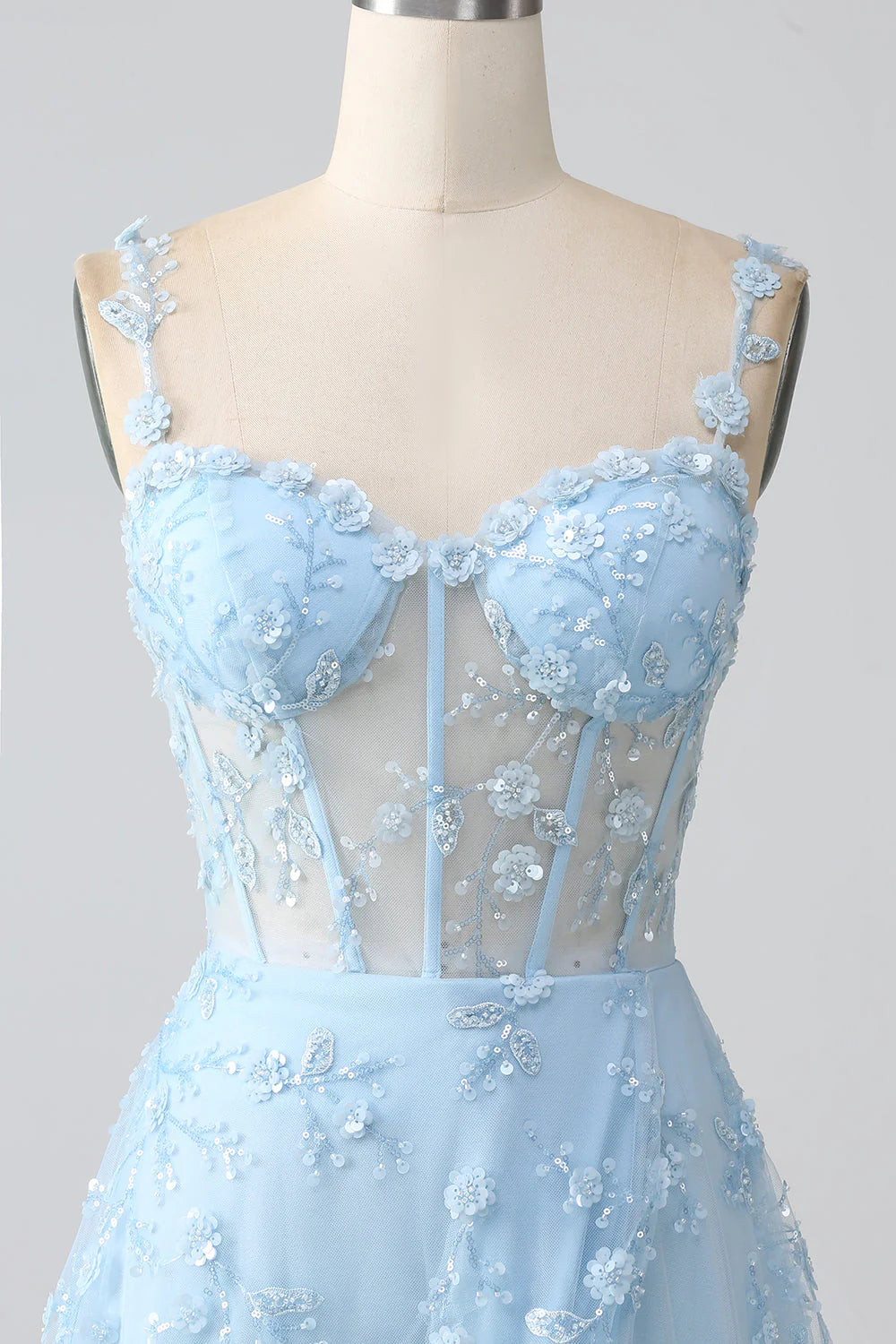 Sparkly Blue A Line Spaghetti Straps Sequin Corset Long Prom Dress With Slit