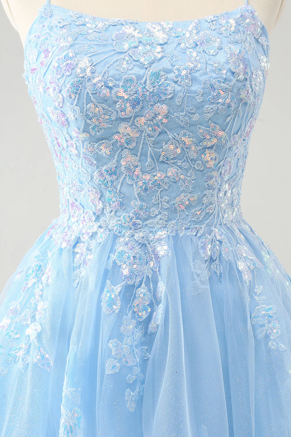 Sparkly Blue A Line Spaghetti Straps Sequin Short Homecoming Dress with Lace Up Back