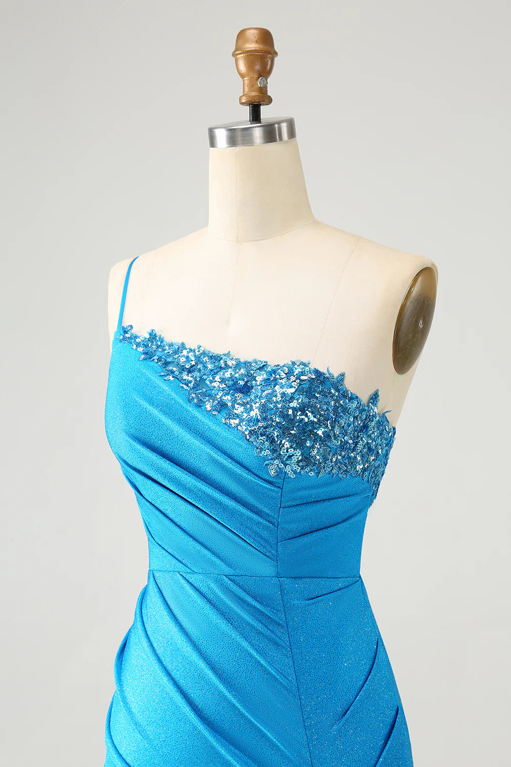 Sparkly Blue Bodycon One Shoulder Pleated Short Homecoming Dress with Sequins