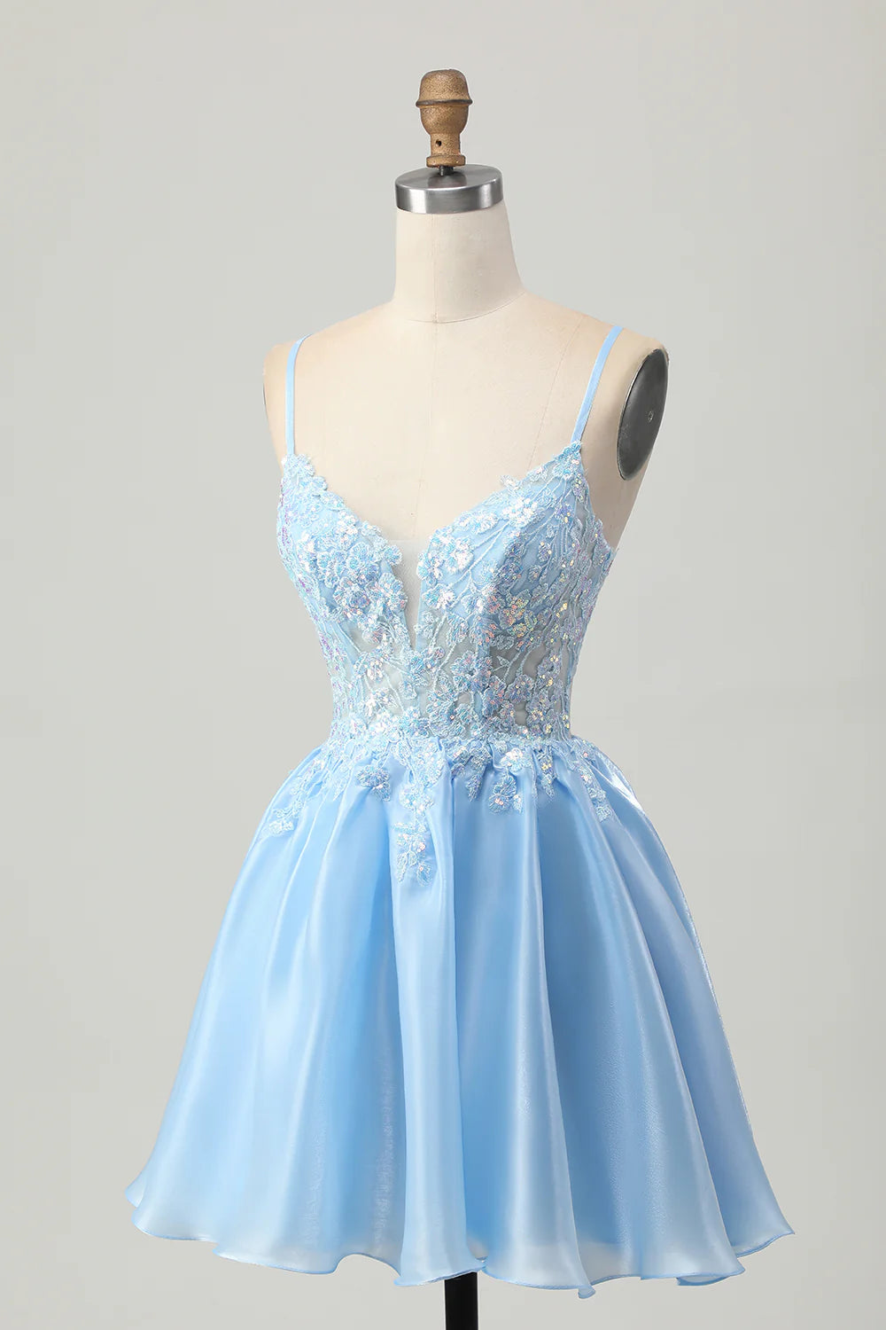 Sparkly Blue Corset A Line Short Homecoming Dress with Lace