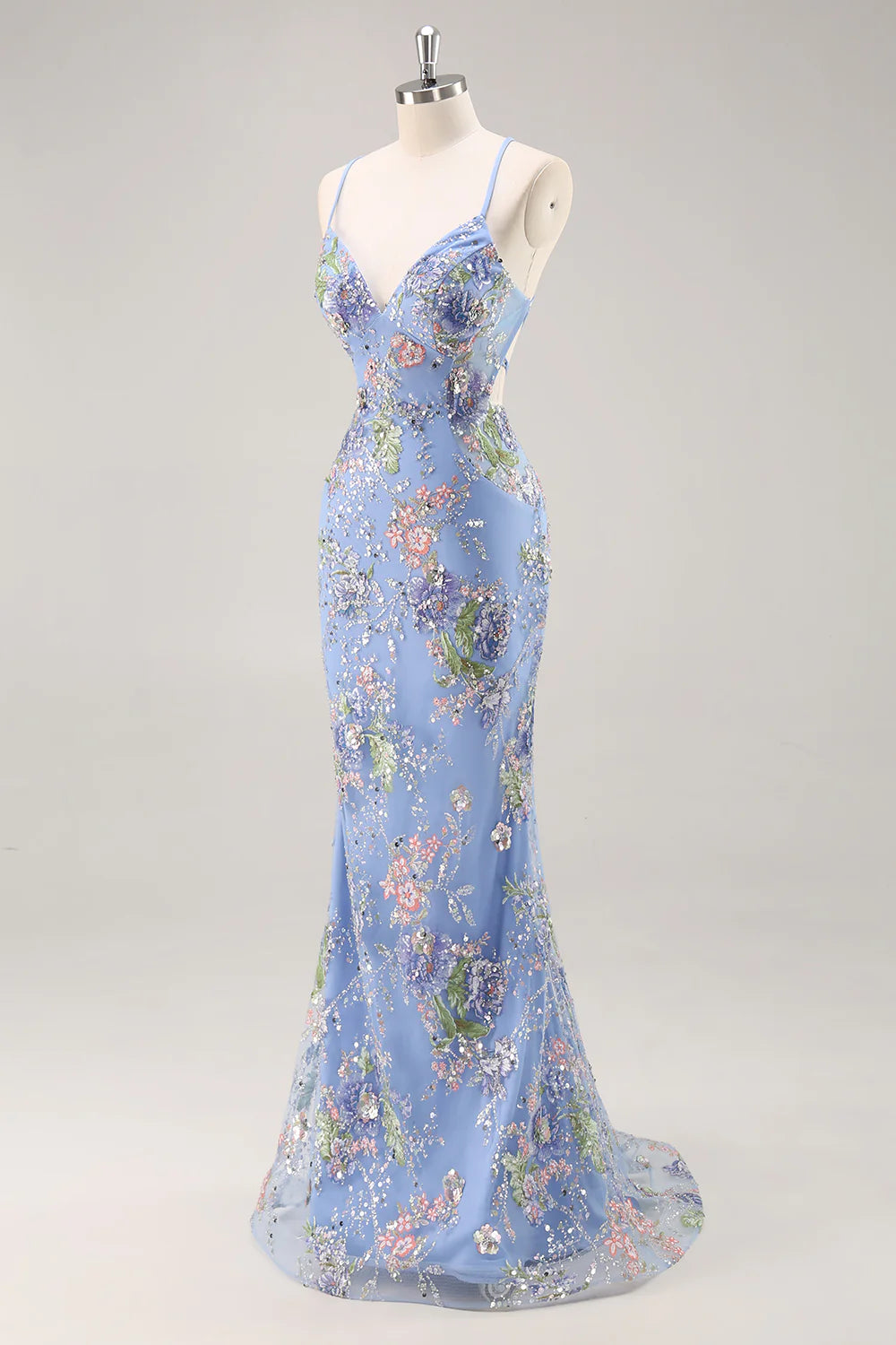 Sparkly Blue Mermaid V Neck Sequins Long Prom Dress with Lace Up Back