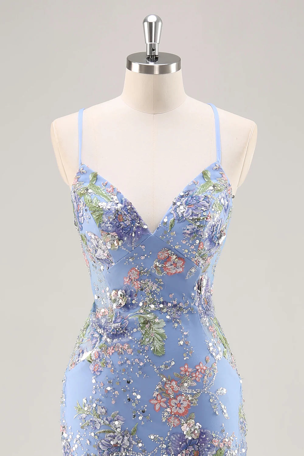 Sparkly Blue Mermaid V Neck Sequins Long Prom Dress with Lace Up Back