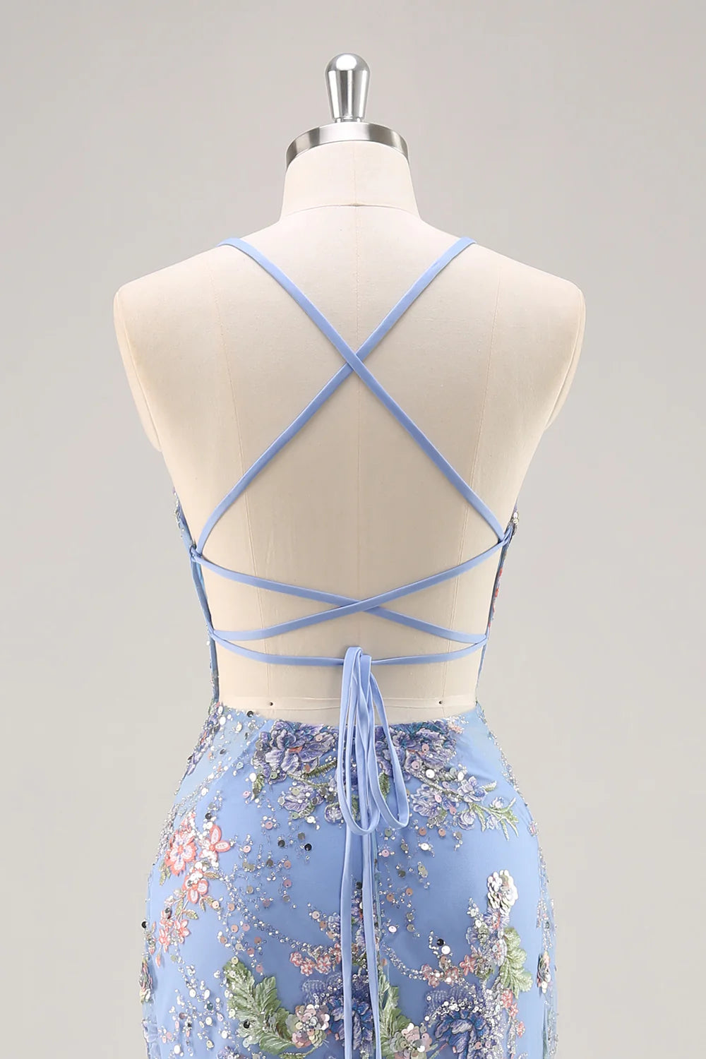 Sparkly Blue Mermaid V Neck Sequins Long Prom Dress with Lace Up Back