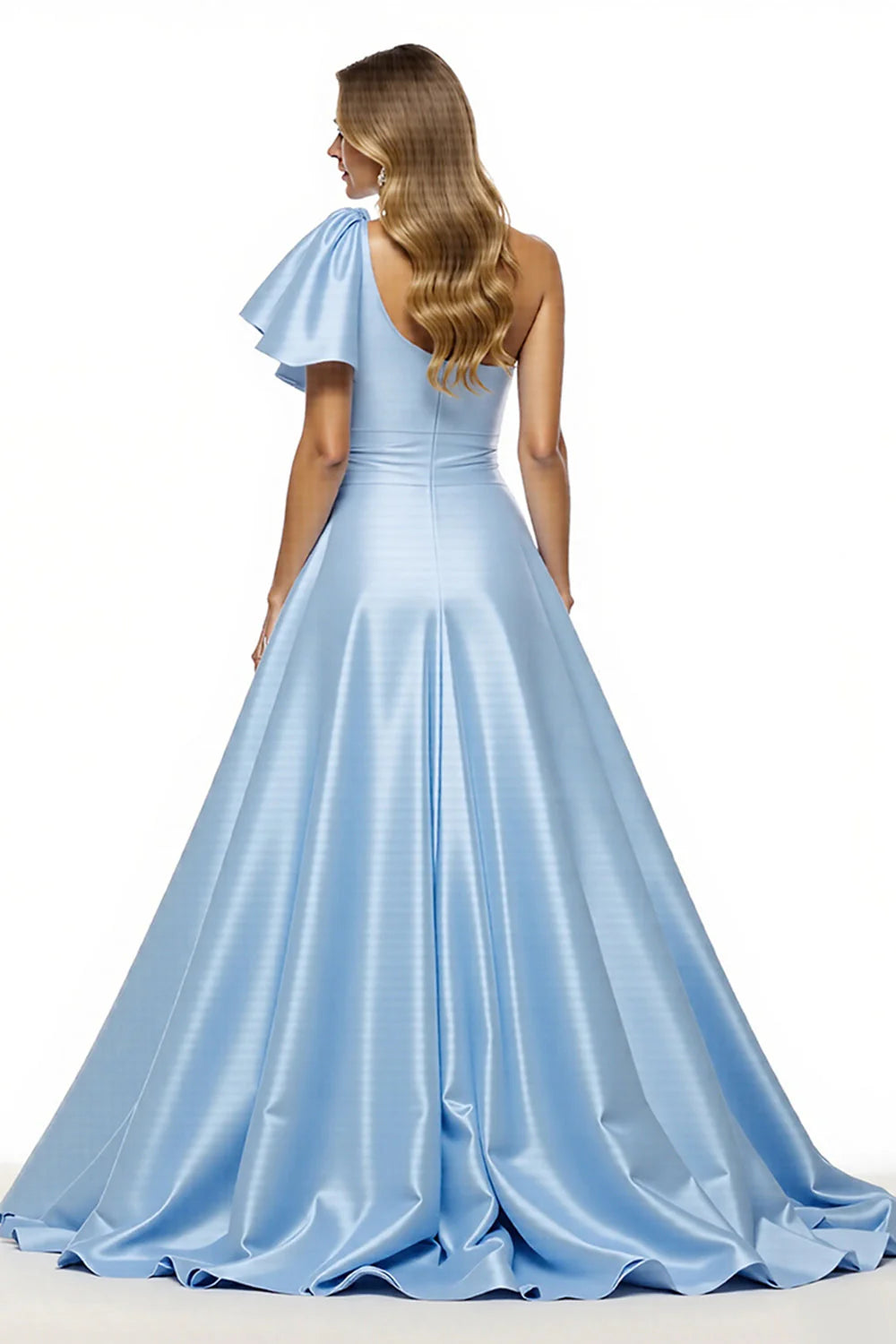 Sparkly Blue Satin A Line Ruffled Long Beaded Prom Dress with Slit
