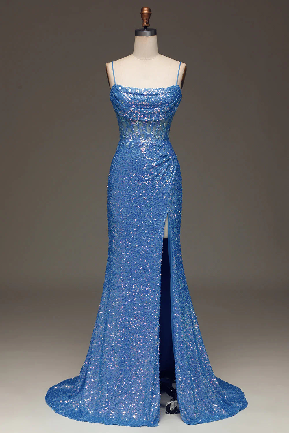 Sparkly Blue Spaghetti Straps Corset Prom Dress with Slit