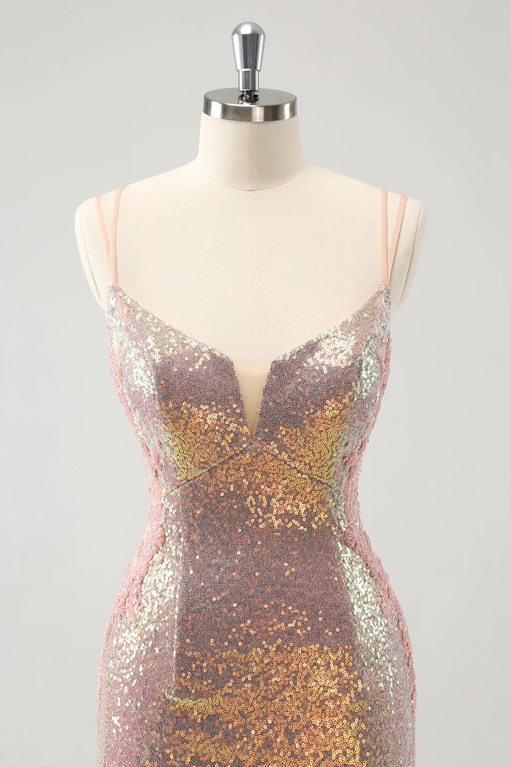 Sparkly Blush Spaghetti Straps Tight Short Homecoming Dress with Lace-Up Back