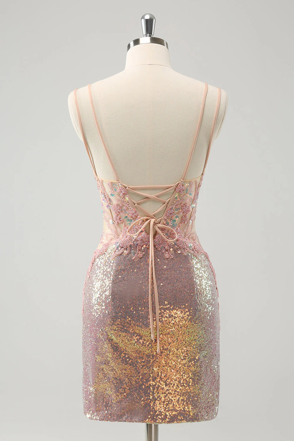 Sparkly Blush Spaghetti Straps Tight Short Homecoming Dress with Lace-Up Back