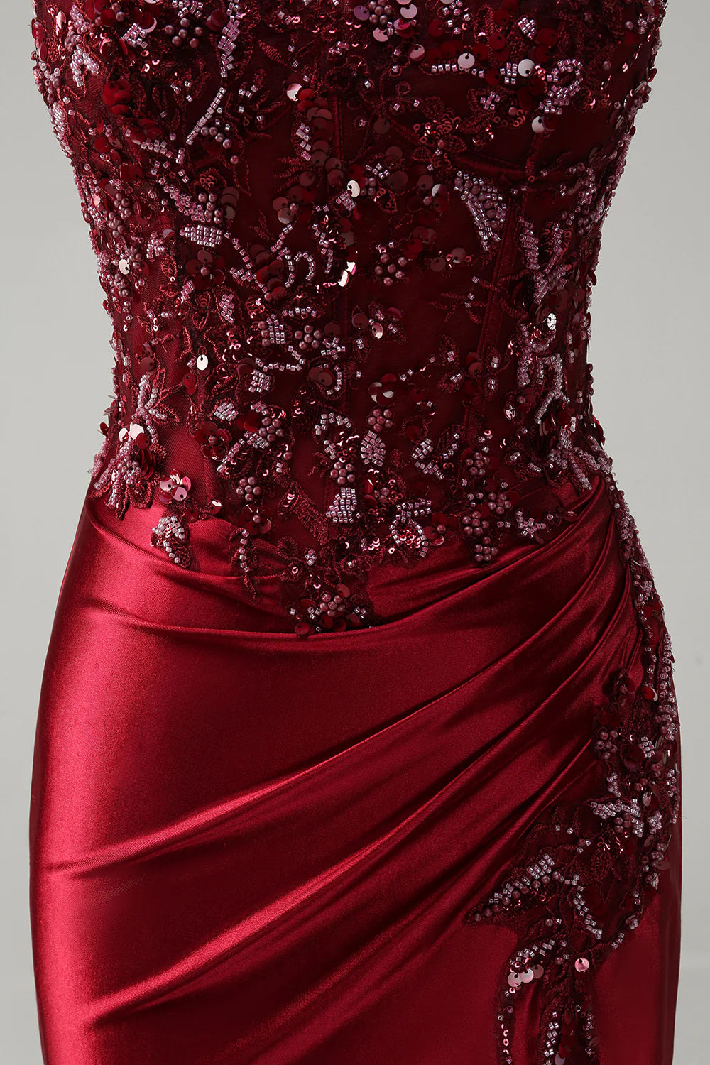 Sparkly Burgundy Floral Mermaid Beaded Corset Long Prom Dress with Slit