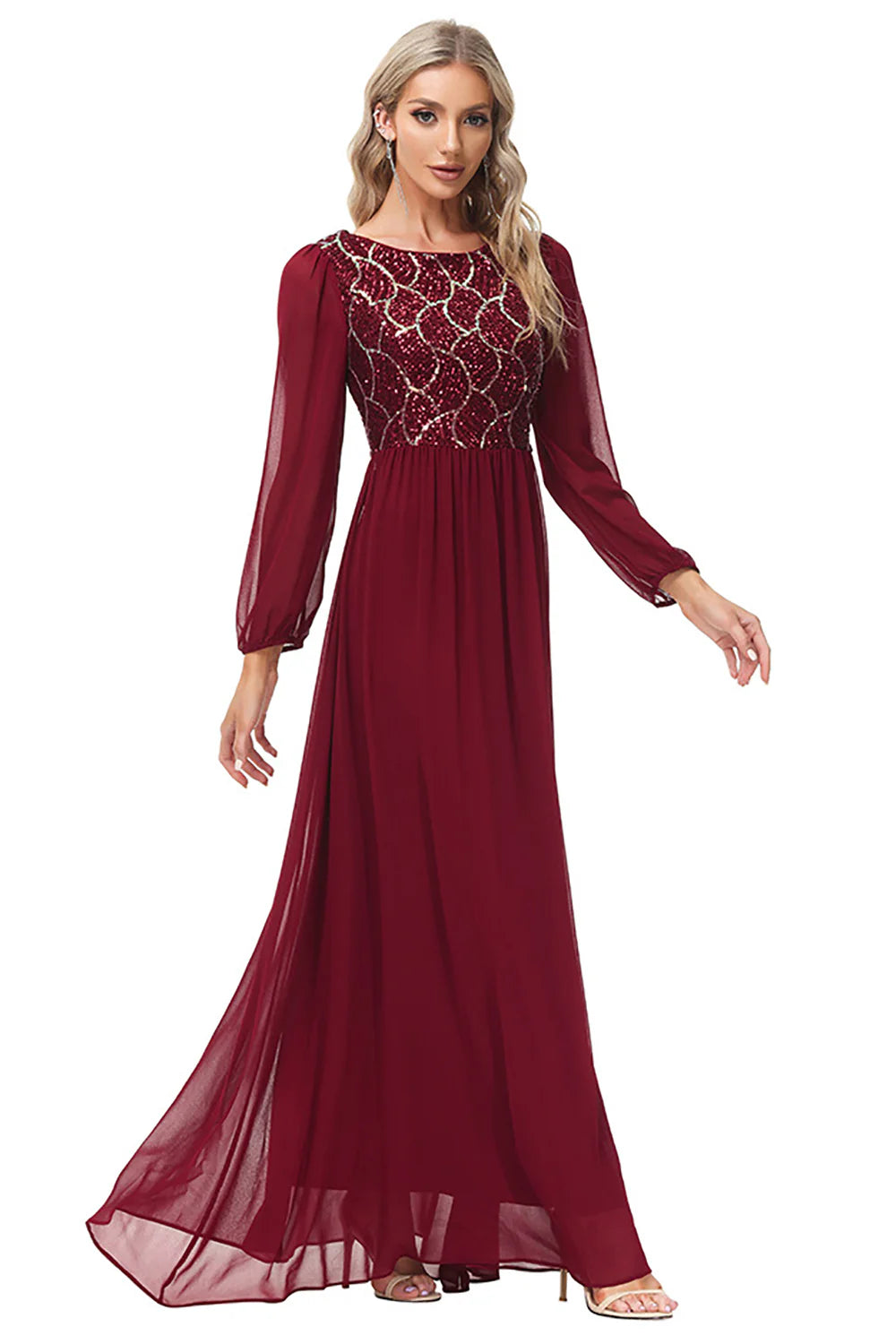 Sparkly Burgundy Long Sleeves Beaded Mother of the Bride Dress
