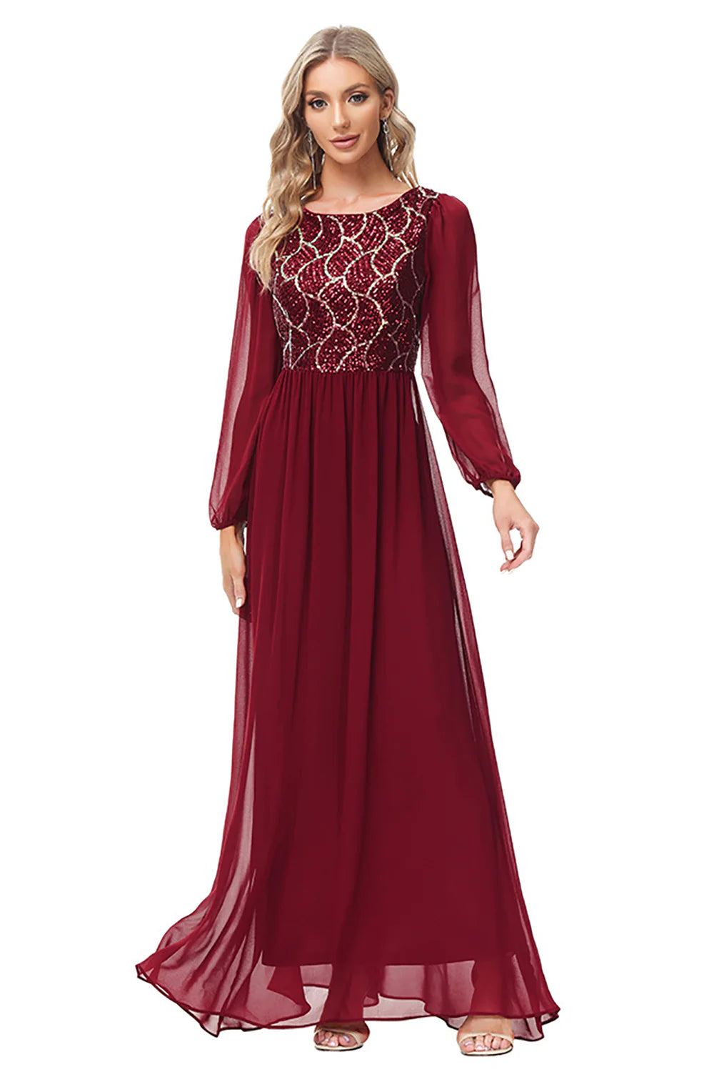 Sparkly Burgundy Long Sleeves Beaded Mother of the Bride Dress