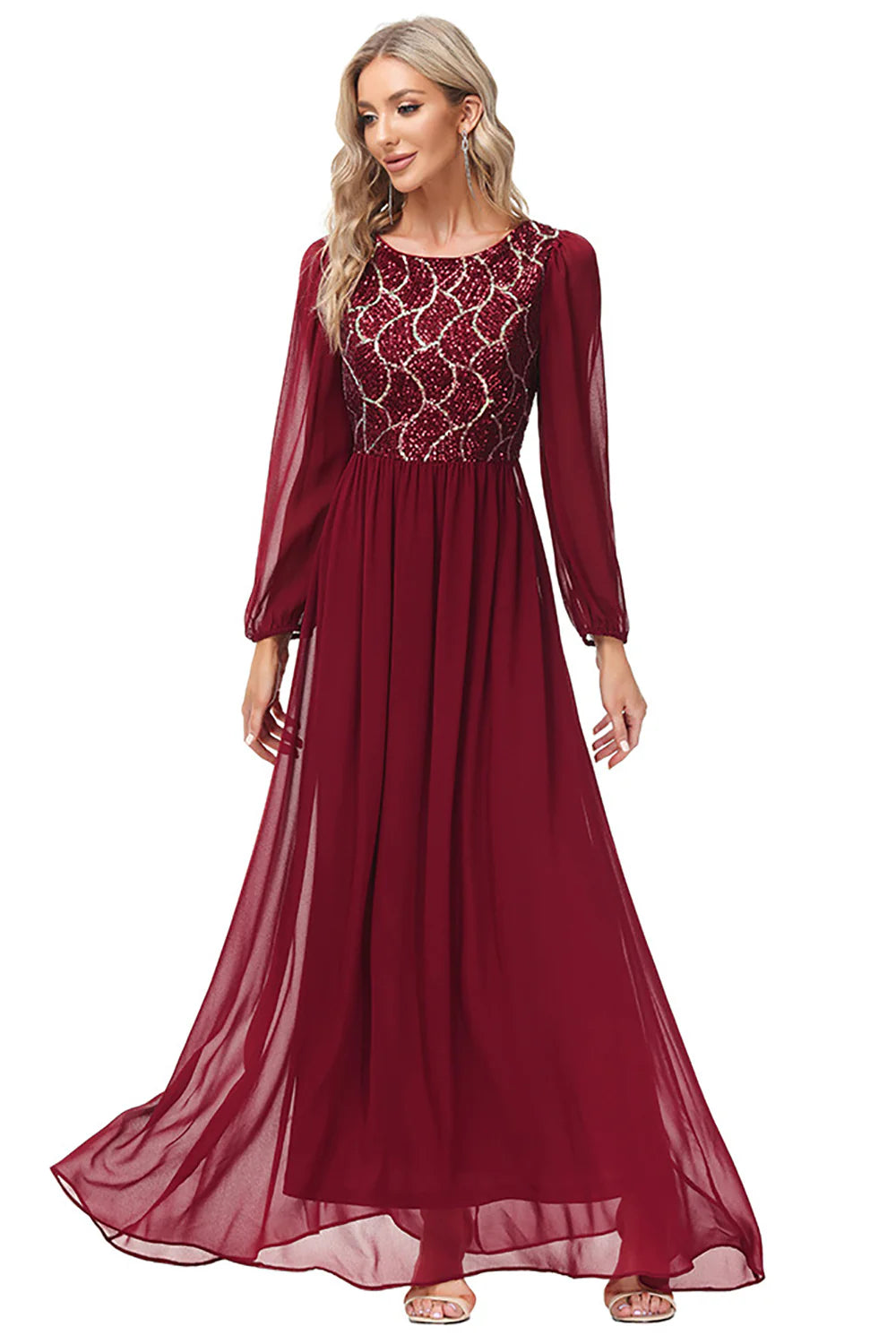 Sparkly Burgundy Long Sleeves Beaded Mother of the Bride Dress