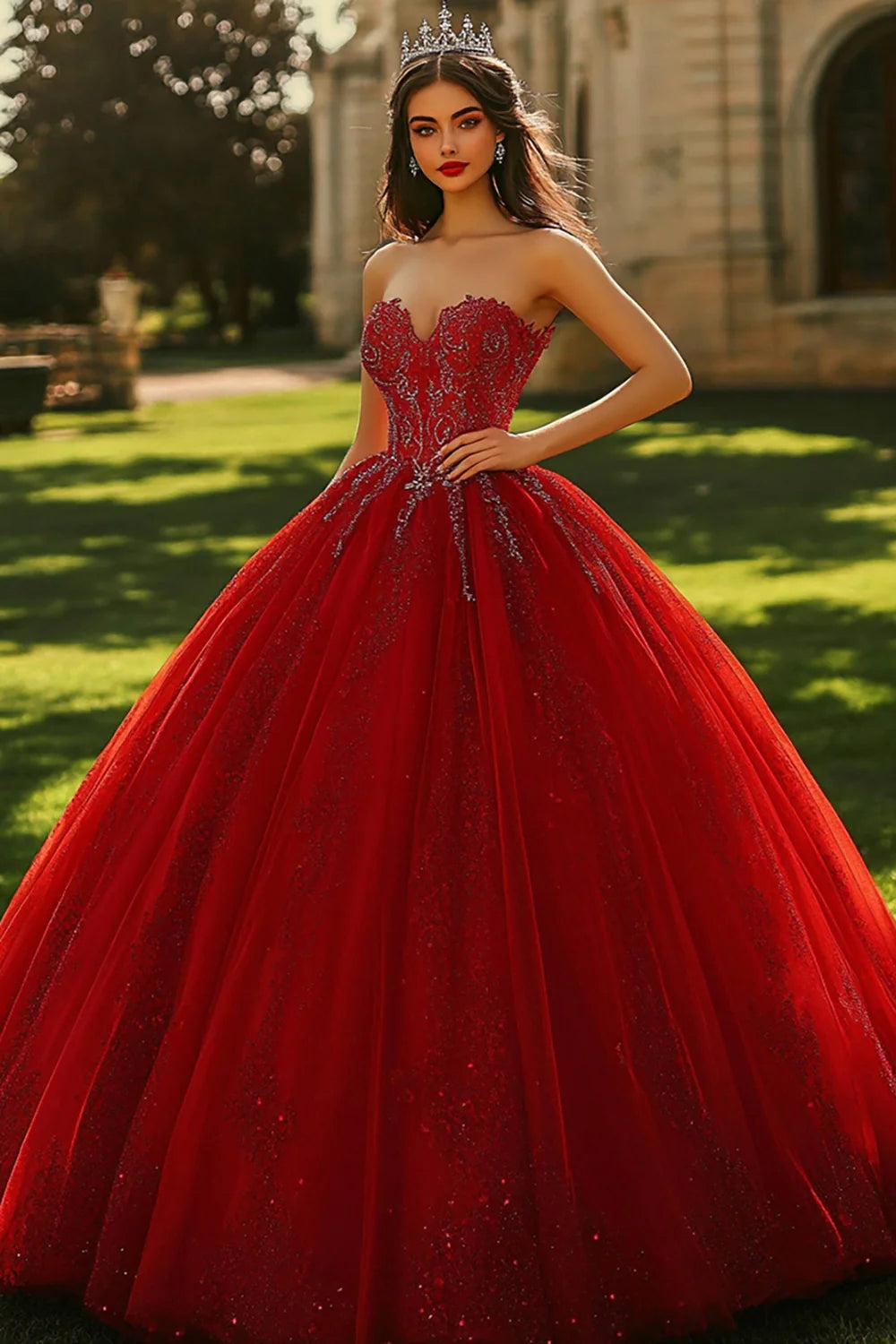 Sparkly Burgundy Princess Ball Gown Long Sweetheart Quinceanera Dress