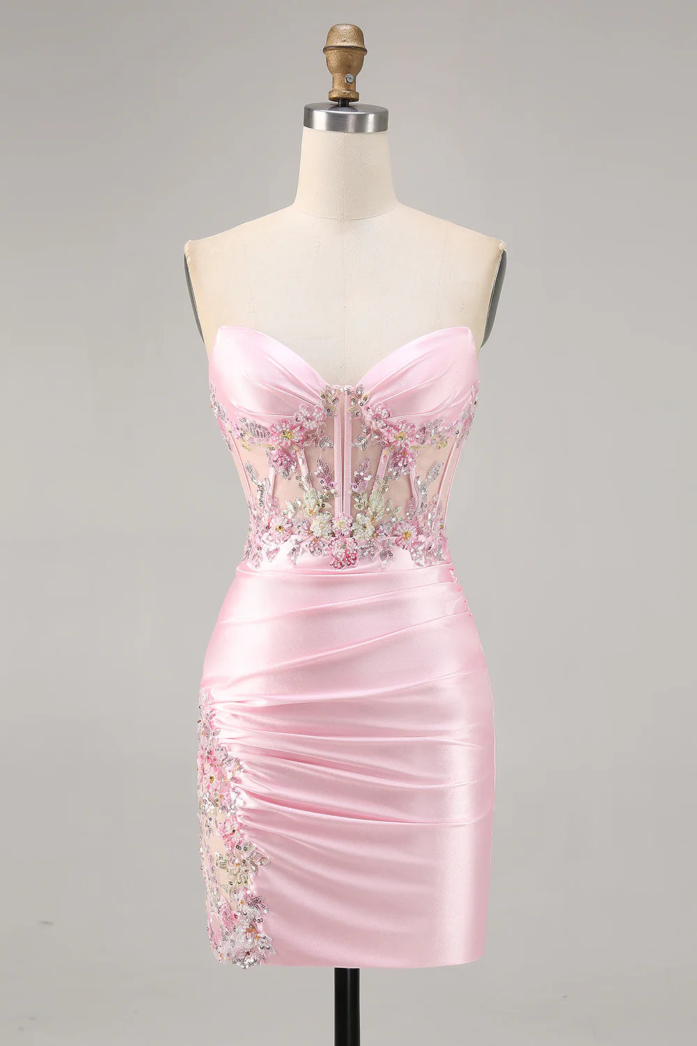 Sparkly Candy Pink Satin Floral Strapless Corset Short Homecoming Dress