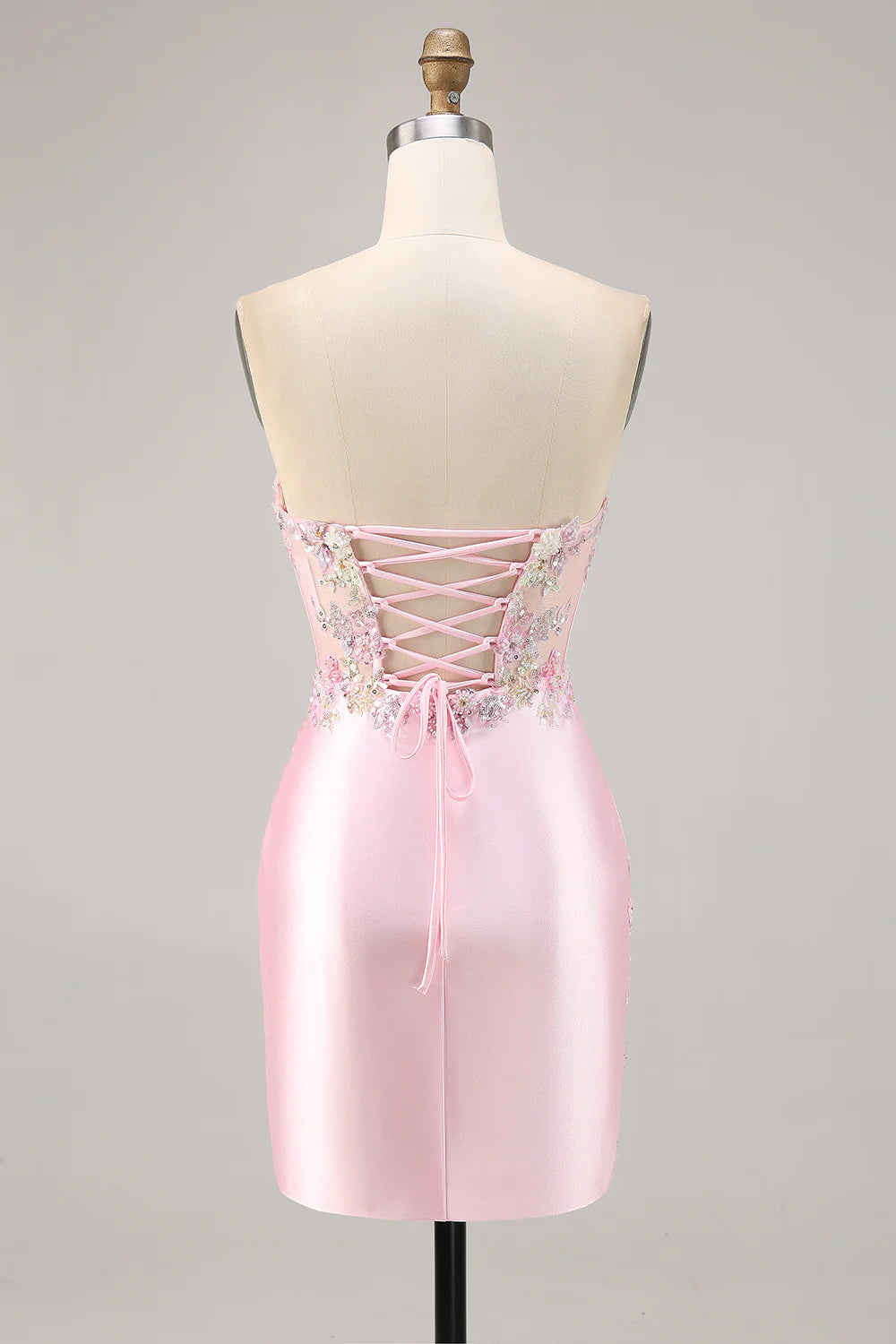 Sparkly Candy Pink Satin Floral Strapless Corset Short Homecoming Dress