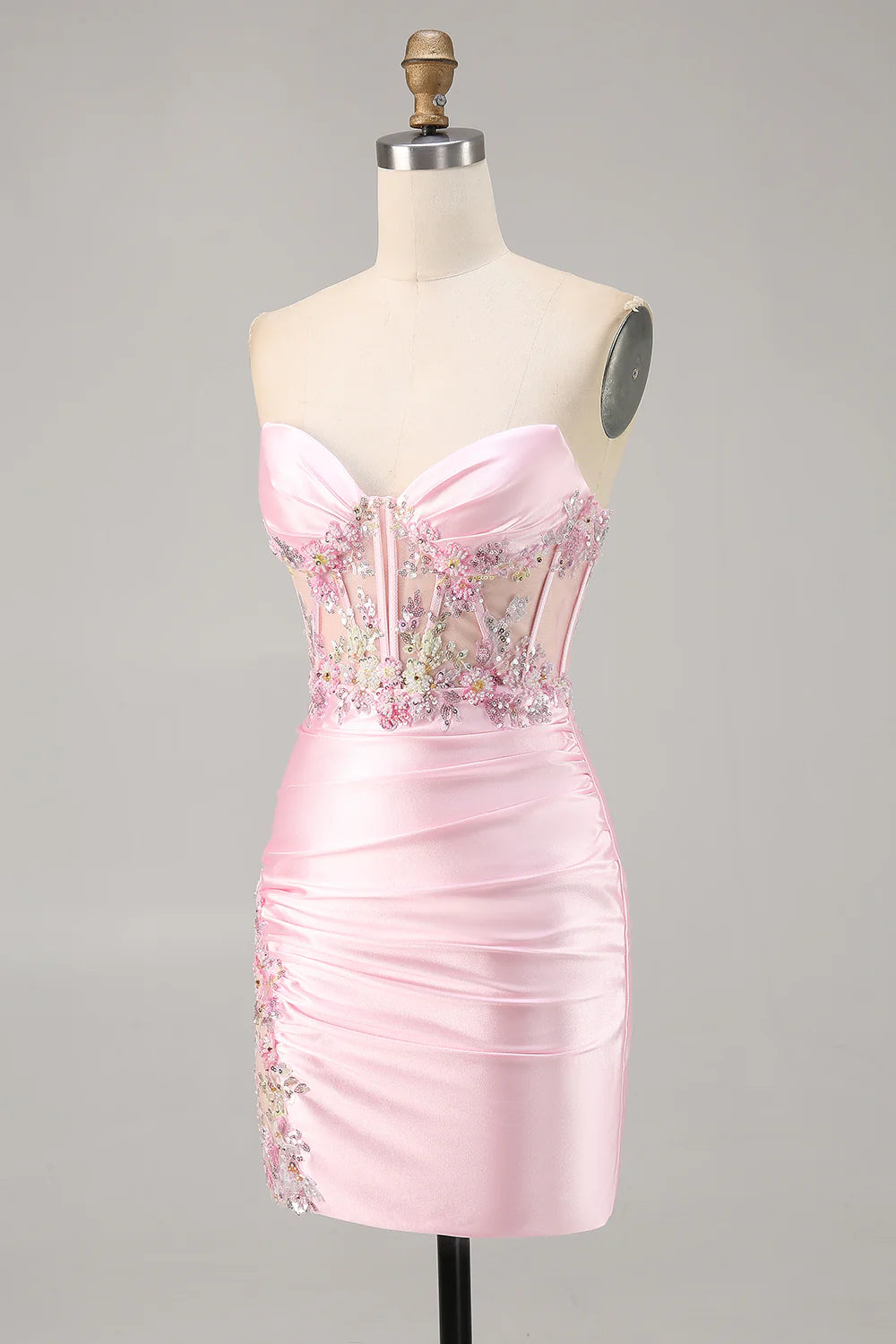 Sparkly Candy Pink Satin Floral Strapless Corset Short Homecoming Dress