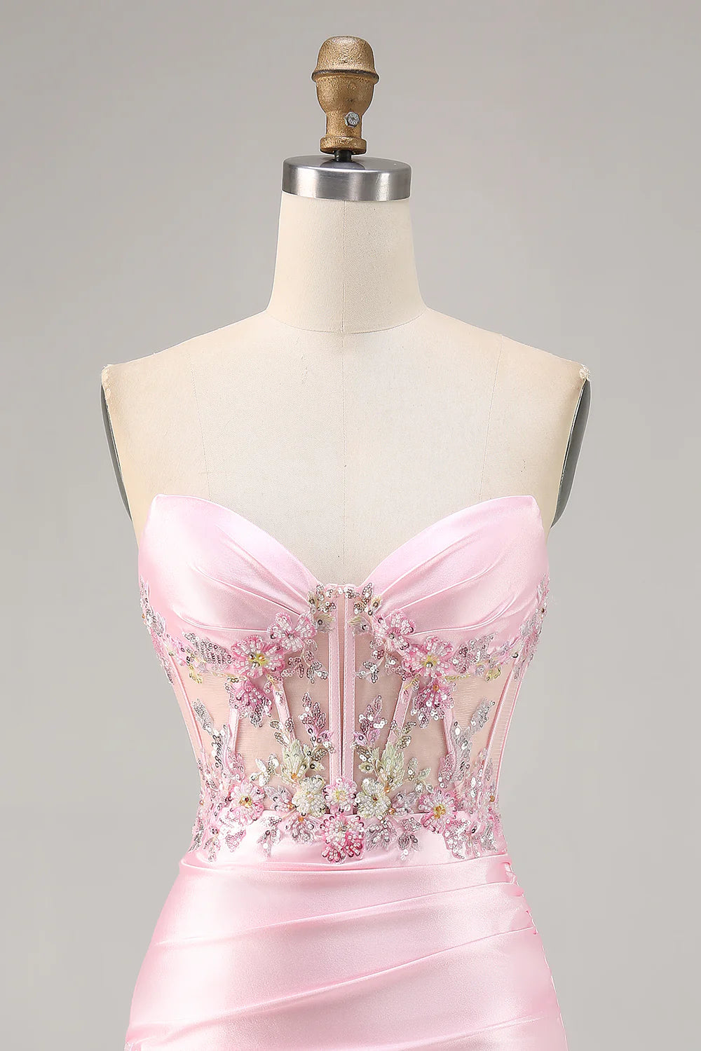 Sparkly Candy Pink Satin Floral Strapless Corset Short Homecoming Dress