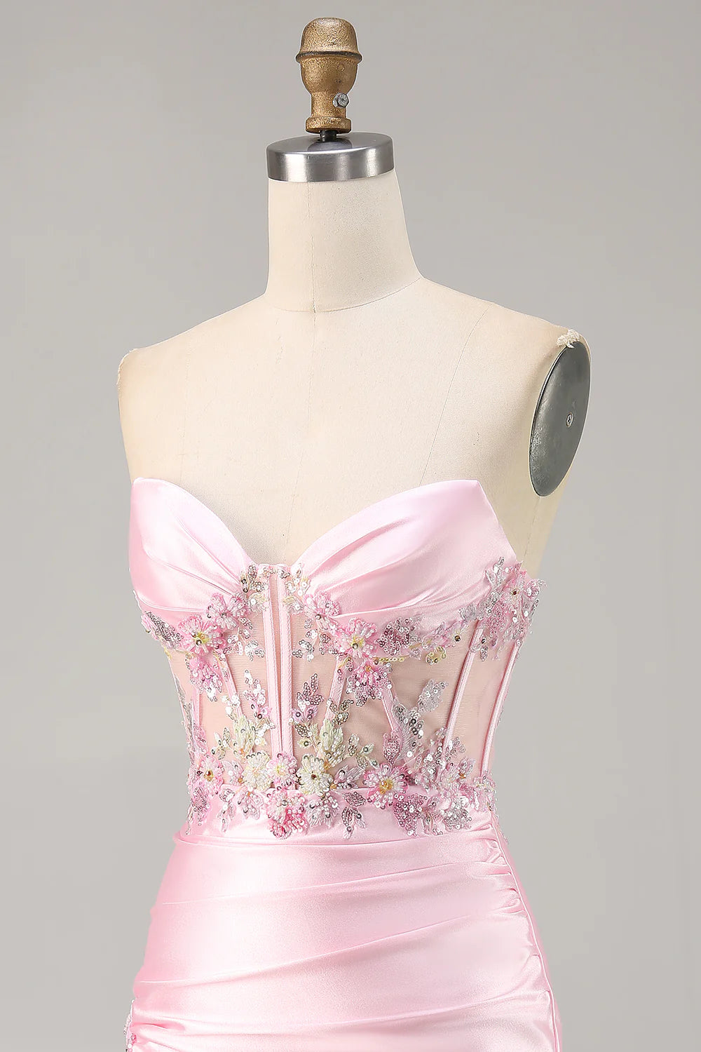 Sparkly Candy Pink Satin Floral Strapless Corset Short Homecoming Dress