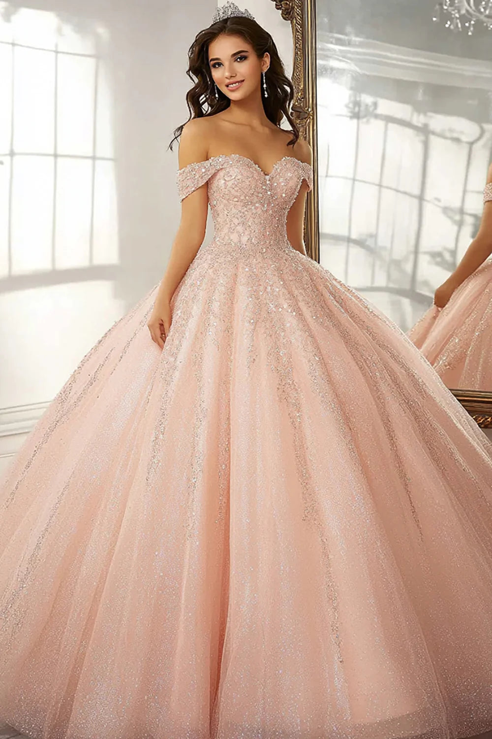 Sparkly Champagne Ball Gown Off the Shoulder Long Quinceanera Dress with Beading