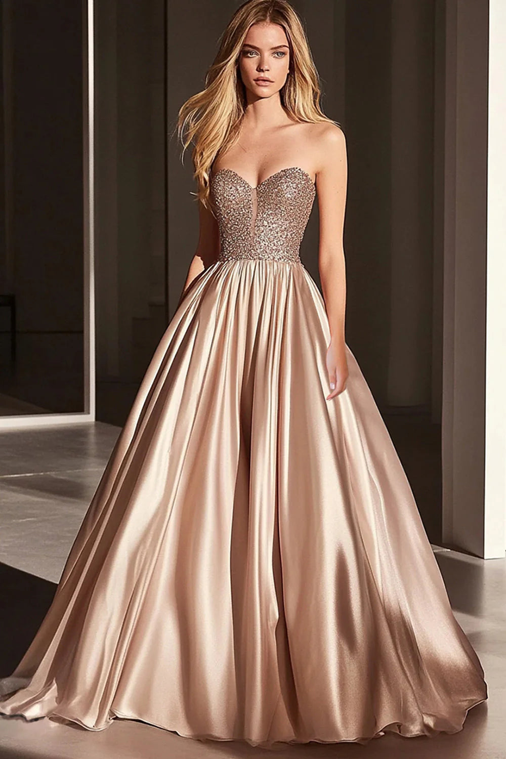 Sparkly Champagne Satin Sweetheart Ball Gown Long Prom Dress