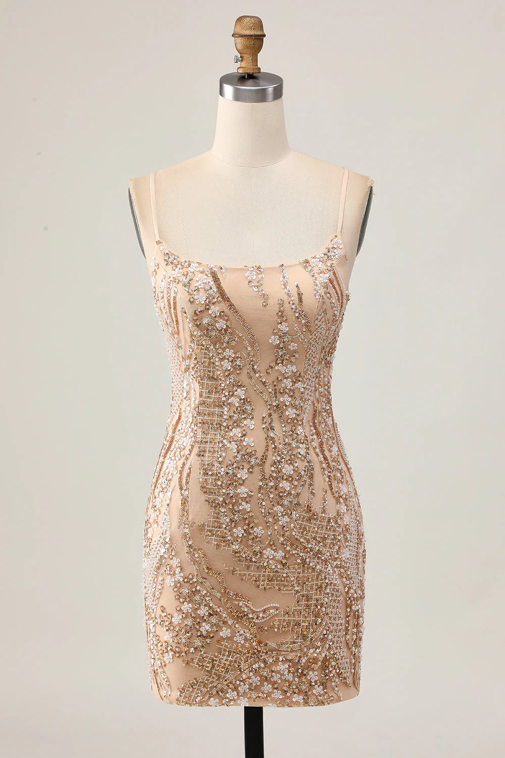 Sparkly Champagne Sequins Bodycon Homecoming Dress with Beading