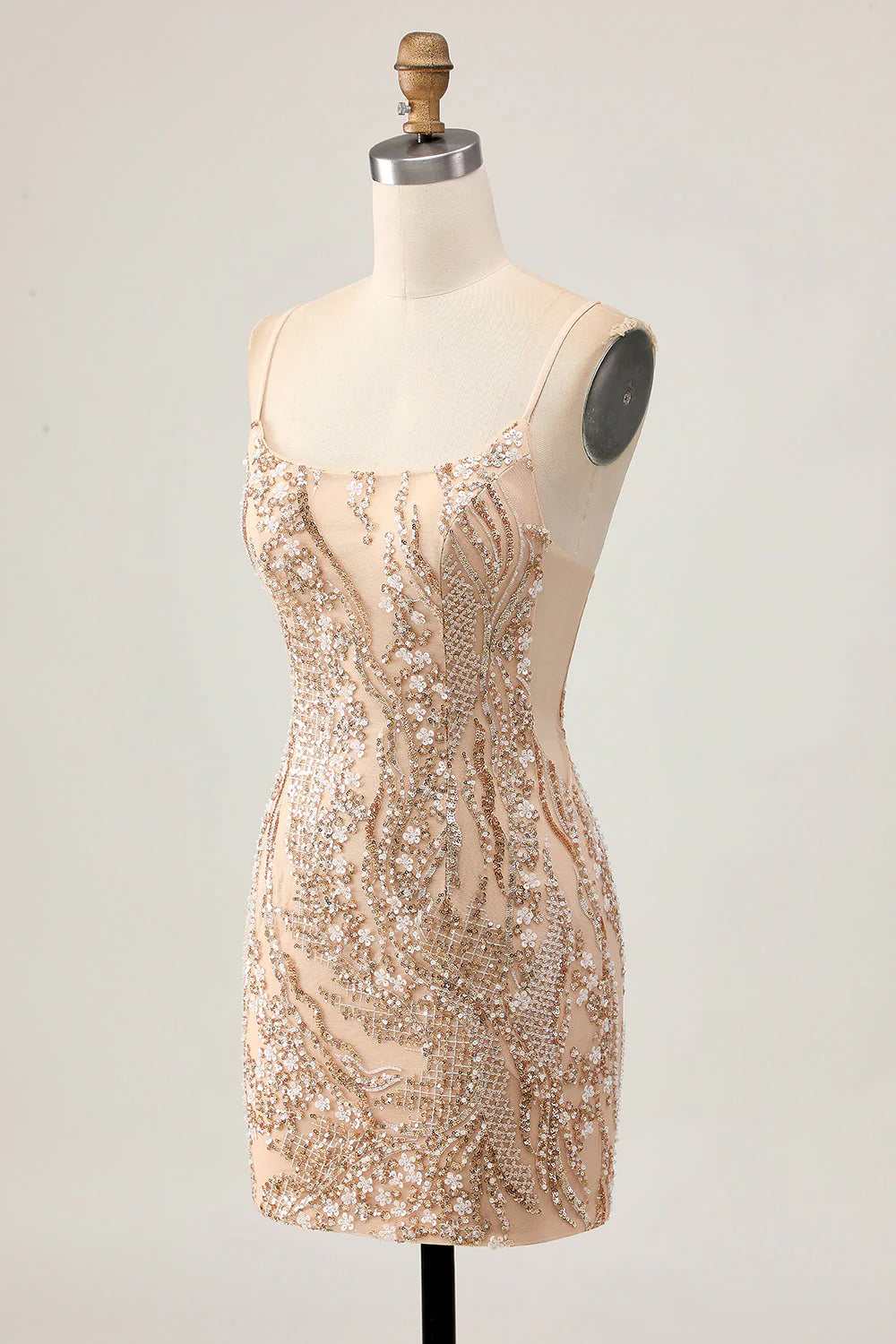 Sparkly Champagne Sequins Bodycon Homecoming Dress with Beading