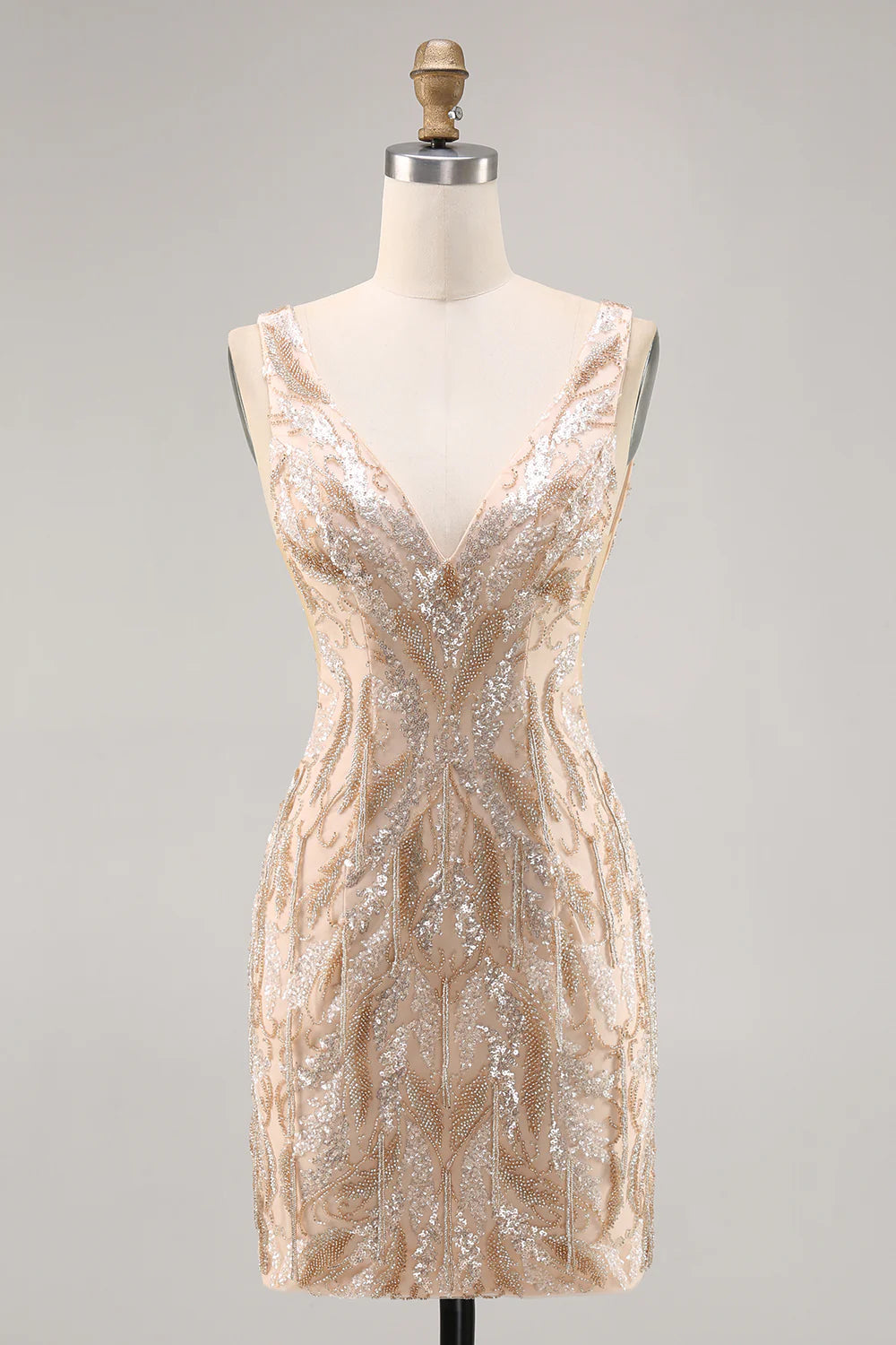 Sparkly Champagne V-Neck Short Sequin Tight Homecoming Dress