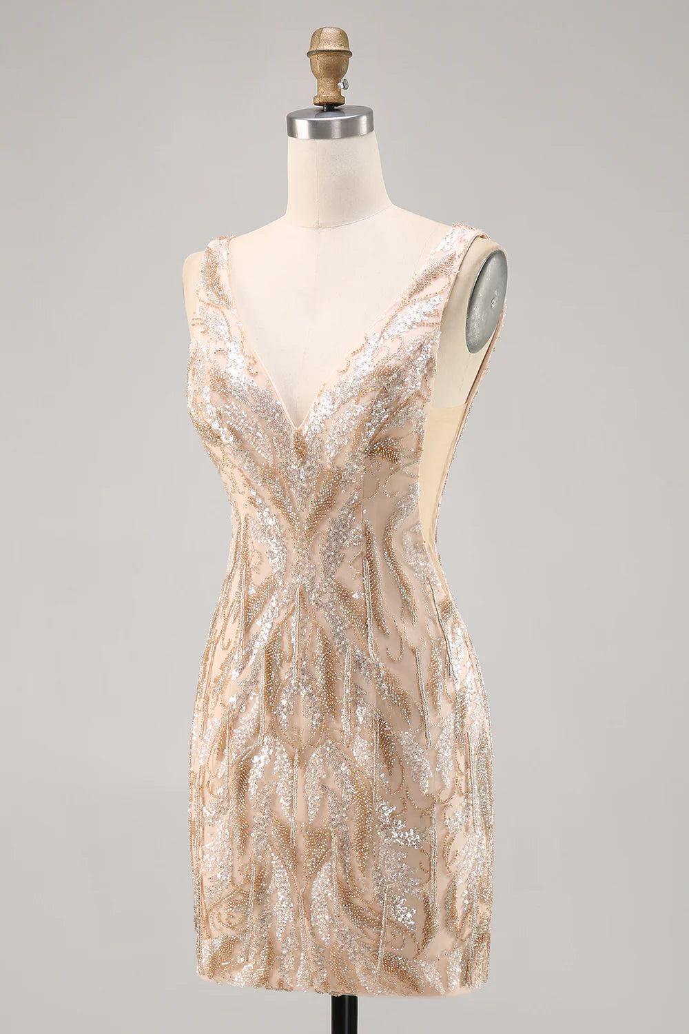 Sparkly Champagne V-Neck Short Sequin Tight Homecoming Dress