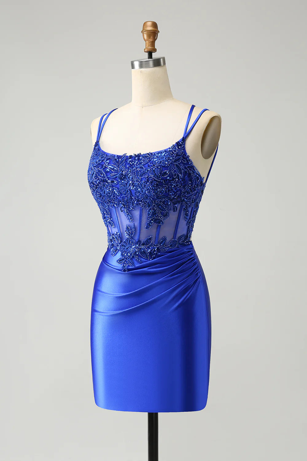Sparkly Corset Royal Blue Floral Tight Short Homecoming Dress with Beadings
