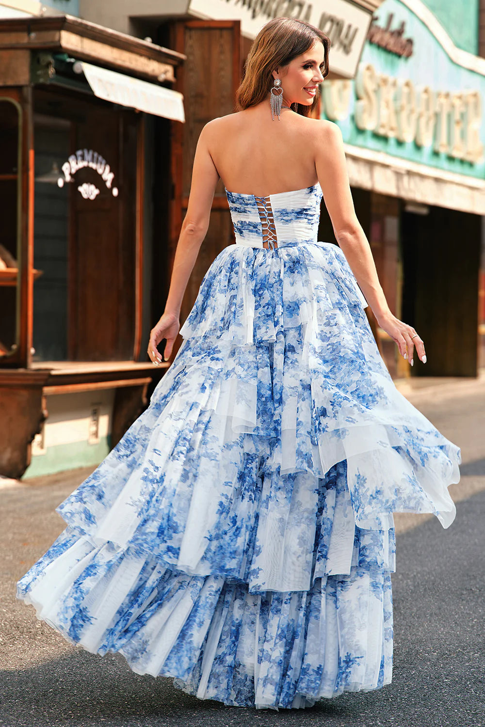 Sparkly Cute Ball Gown Sweetheart Brocade Corset Satin Long Blue Prom Dress