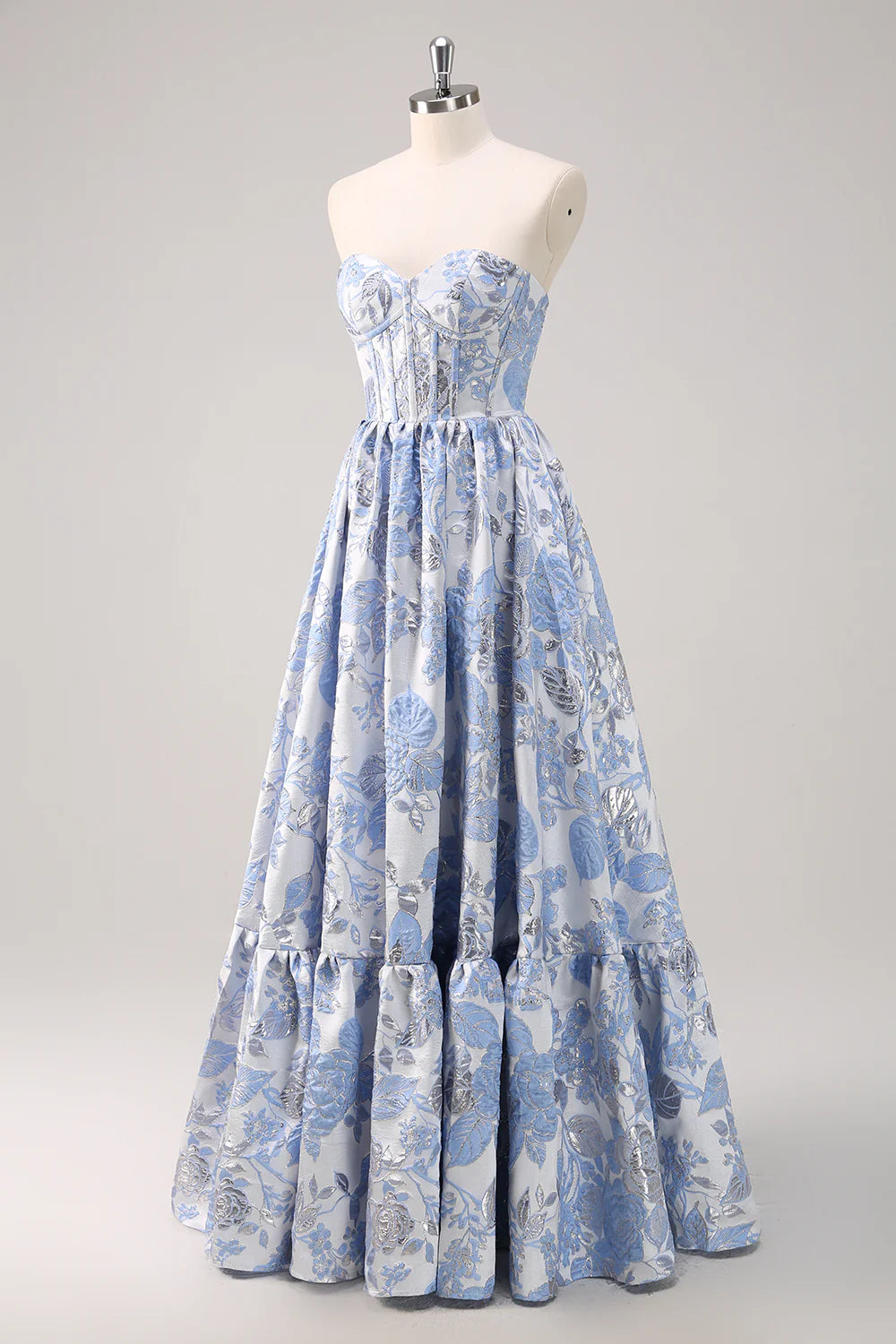 Sparkly Cute Ball Gown Sweetheart Brocade Corset Satin Long Blue Prom Dress