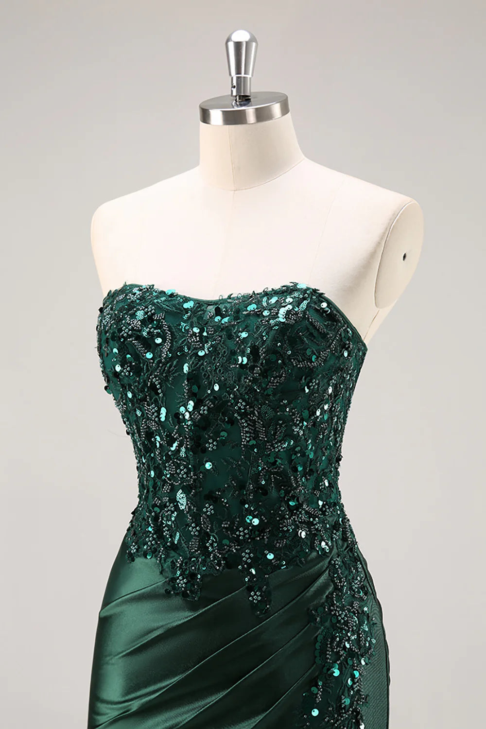 Sparkly Dark Green Mermaid Floral Beaded Corset Long Prom Dress with Slit