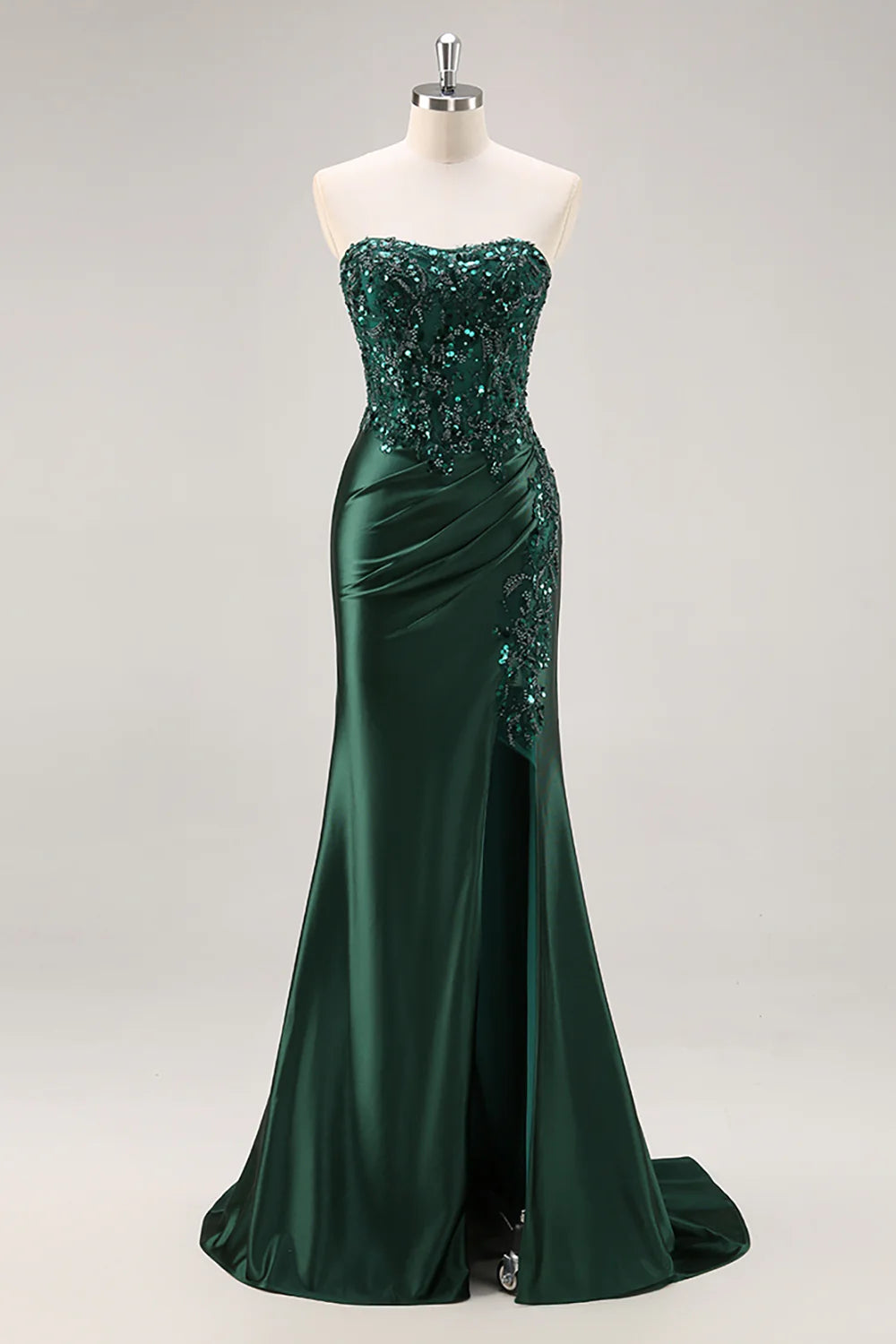 Sparkly Dark Green Mermaid Floral Beaded Corset Long Prom Dress with Slit
