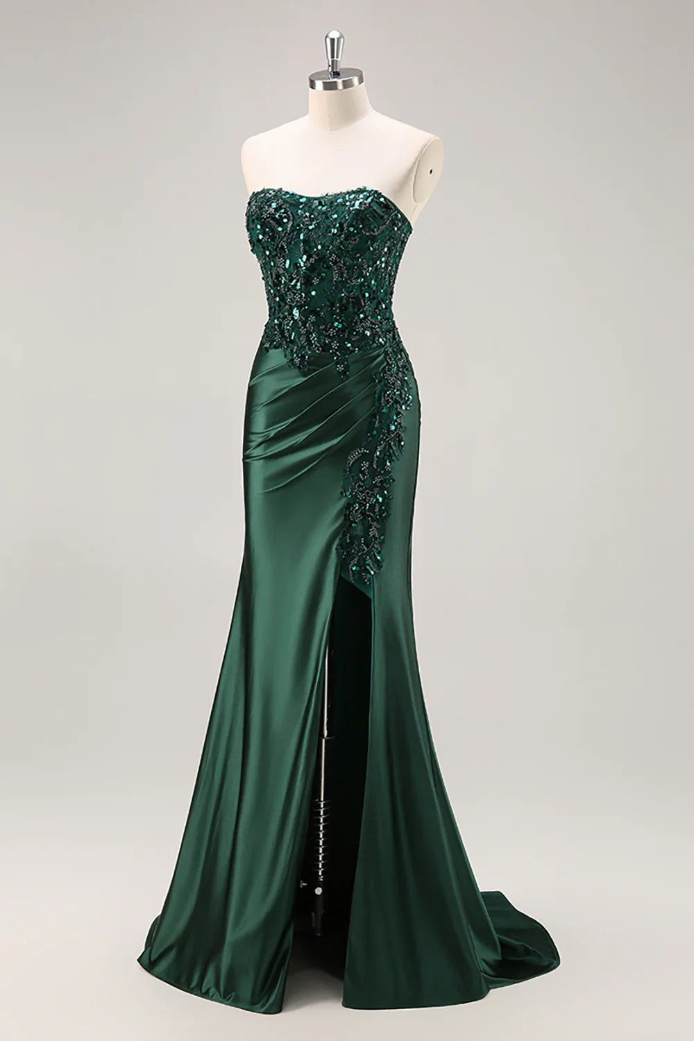 Sparkly Dark Green Mermaid Floral Beaded Corset Long Prom Dress with Slit