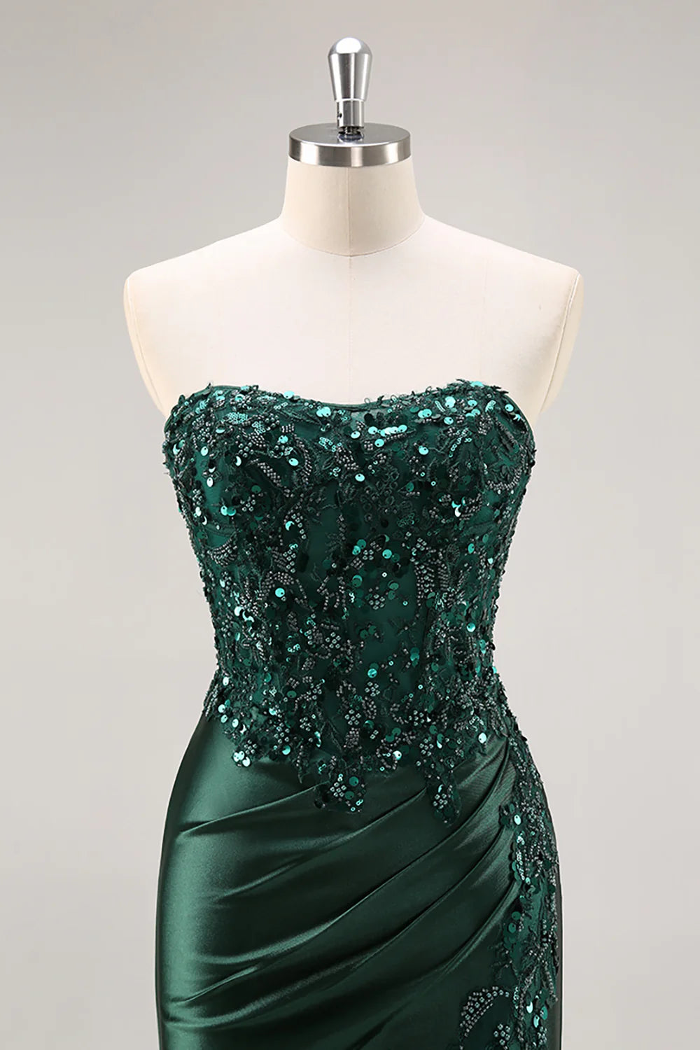 Sparkly Dark Green Mermaid Floral Beaded Corset Long Prom Dress with Slit