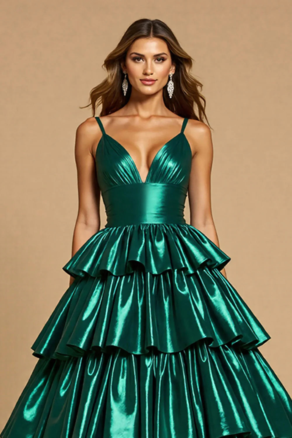 Sparkly Dark Green Satin A Line Tiered Long Prom Dress