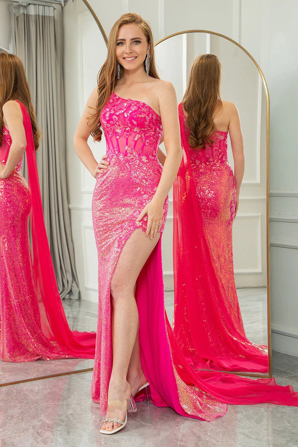 Sparkly Fuchsia Mermaid One Shoulder Corset Prom Dress With Slit