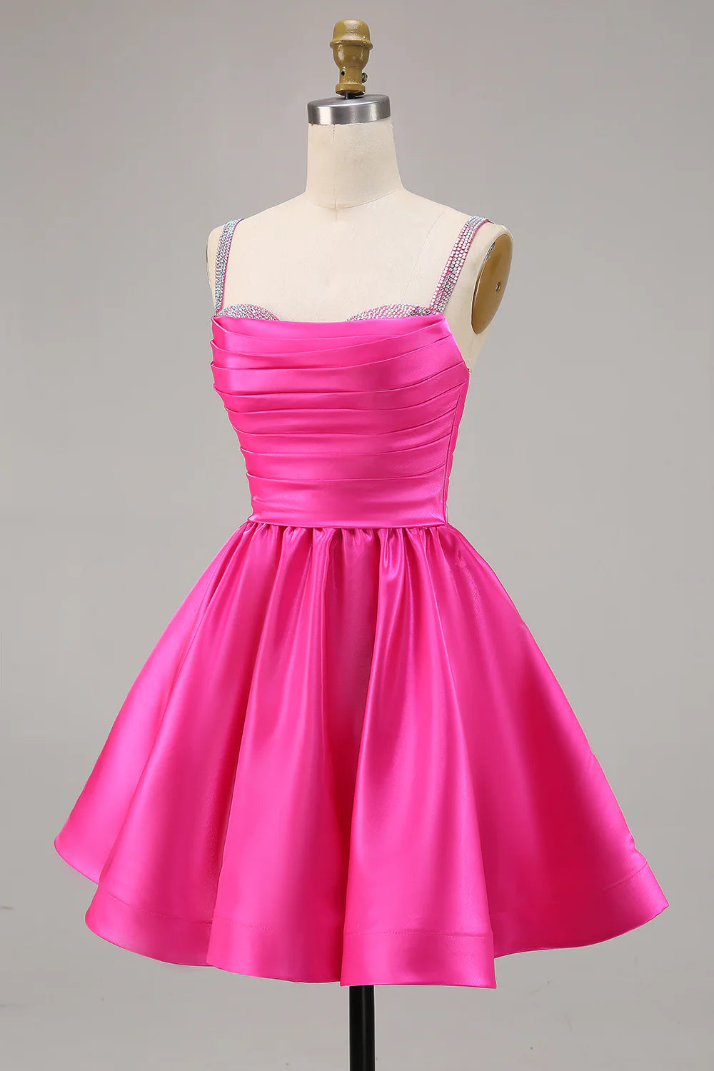 Sparkly Fuchsia Satin Ruched Short Homecoming Dress with Beading