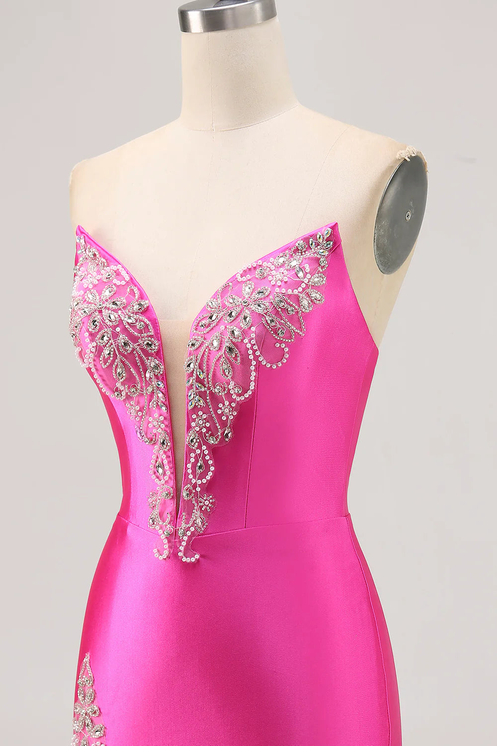 Sparkly Fuchsia Satin Tight Strapless Short Homecoming Dress with Rhinestones