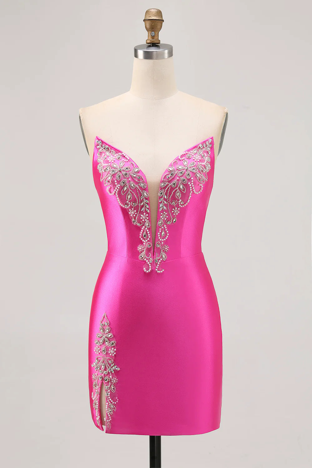 Sparkly Fuchsia Satin Tight Strapless Short Homecoming Dress with Rhinestones