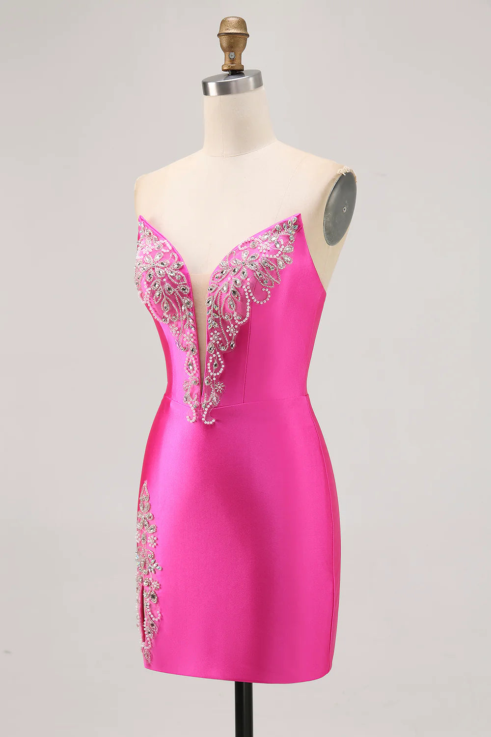 Sparkly Fuchsia Satin Tight Strapless Short Homecoming Dress with Rhinestones