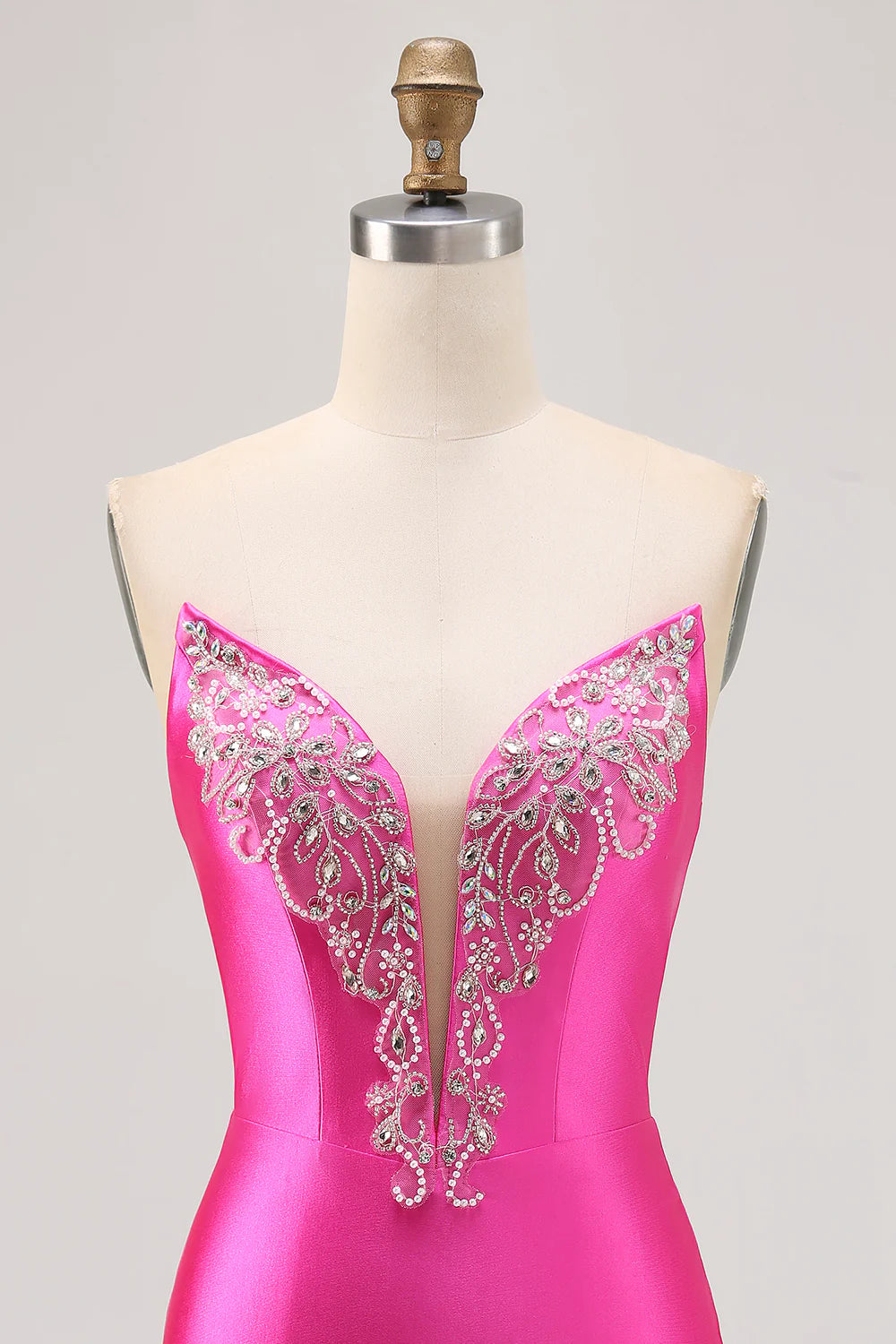 Sparkly Fuchsia Satin Tight Strapless Short Homecoming Dress with Rhinestones