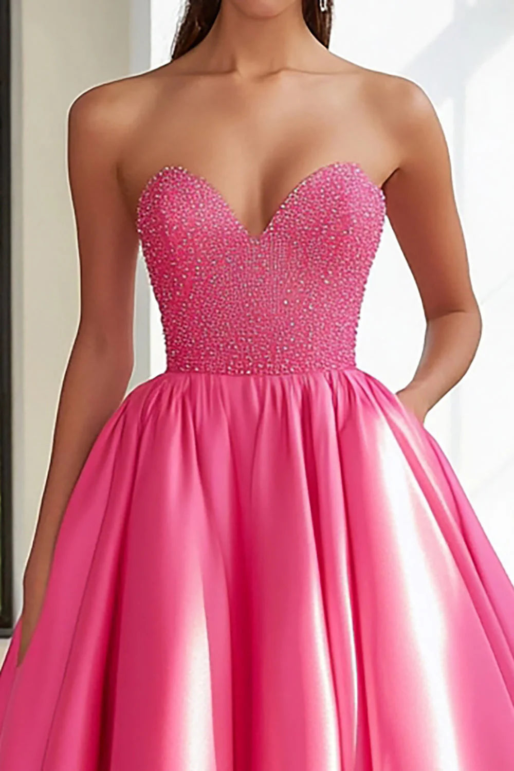 Sparkly Fuchsia Sweetheart Beaded Satin Ball Gown Long Prom Dress
